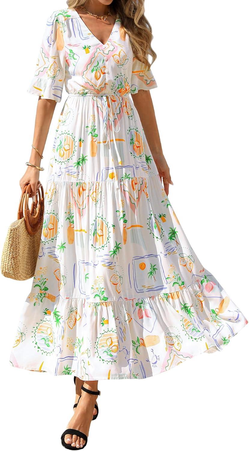 imageBTFBM Boho Dresses for Women 2026 Summer Spring Casual Floral Short Sleeve V Neck Flowy ALine Maxi Party Dress PocketsFloral White Multi