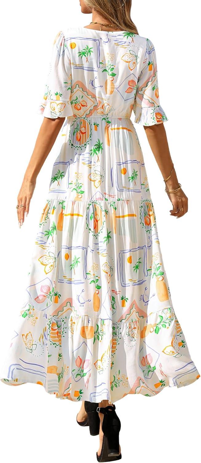 imageBTFBM Boho Dresses for Women 2026 Summer Spring Casual Floral Short Sleeve V Neck Flowy ALine Maxi Party Dress PocketsFloral White Multi