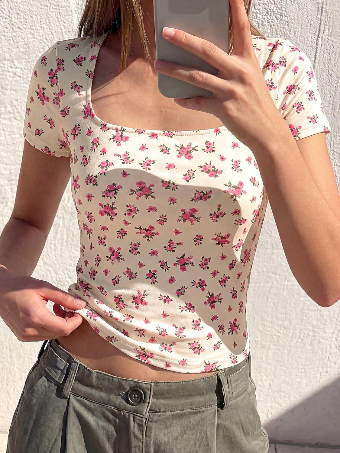 imageBTFBM Floral Square Neck Tops for Women 2026 Trendy Summer Outfits Short Sleeve Shirts Boho Top Beach Vacation ClothesBeige Pink Flower
