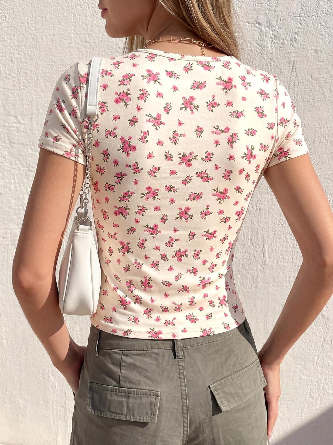 imageBTFBM Floral Square Neck Tops for Women 2026 Trendy Summer Outfits Short Sleeve Shirts Boho Top Beach Vacation ClothesBeige Pink Flower