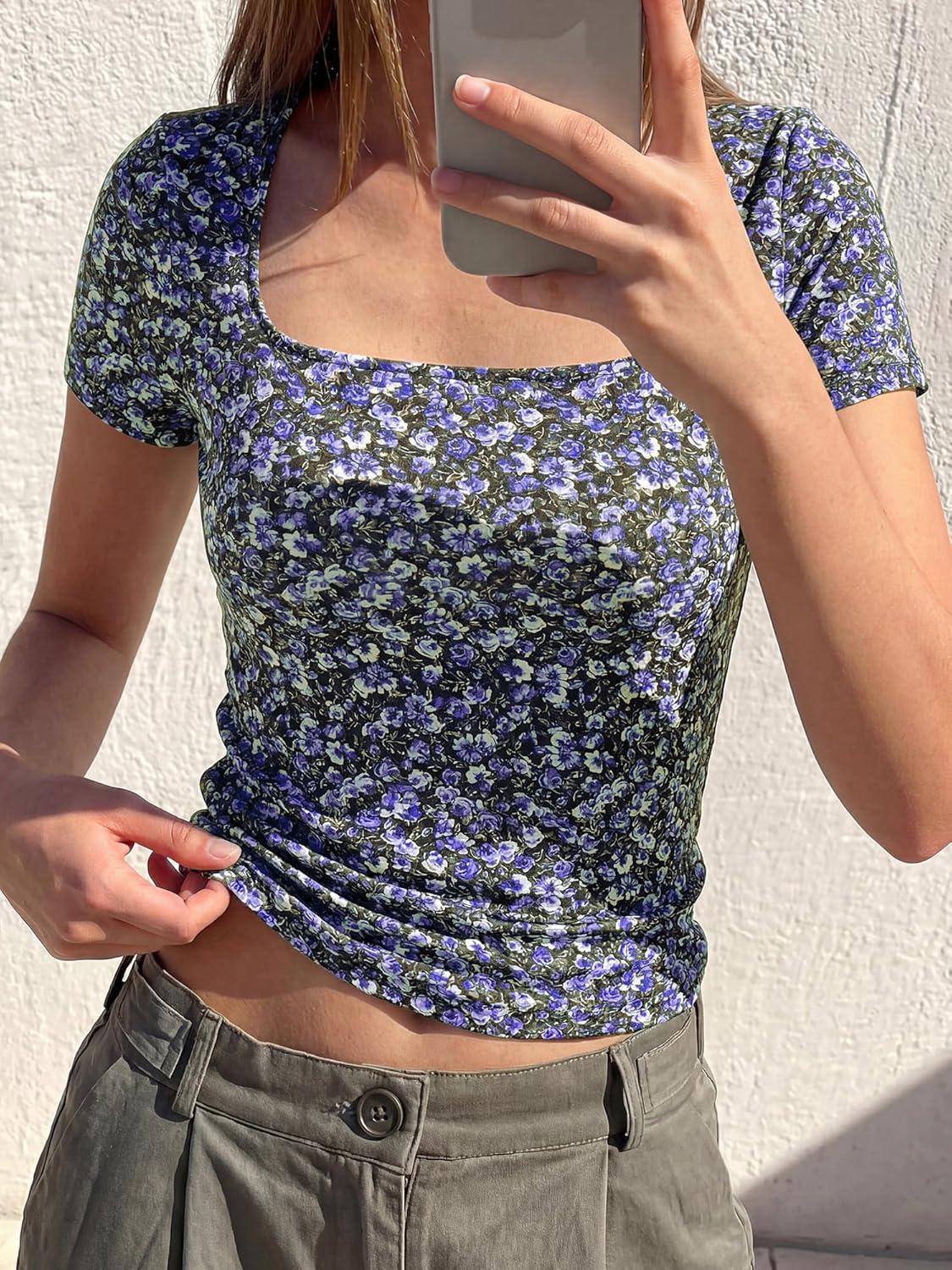 imageBTFBM Floral Square Neck Tops for Women 2026 Trendy Summer Outfits Short Sleeve Shirts Boho Top Beach Vacation ClothesBlack Purple Flower