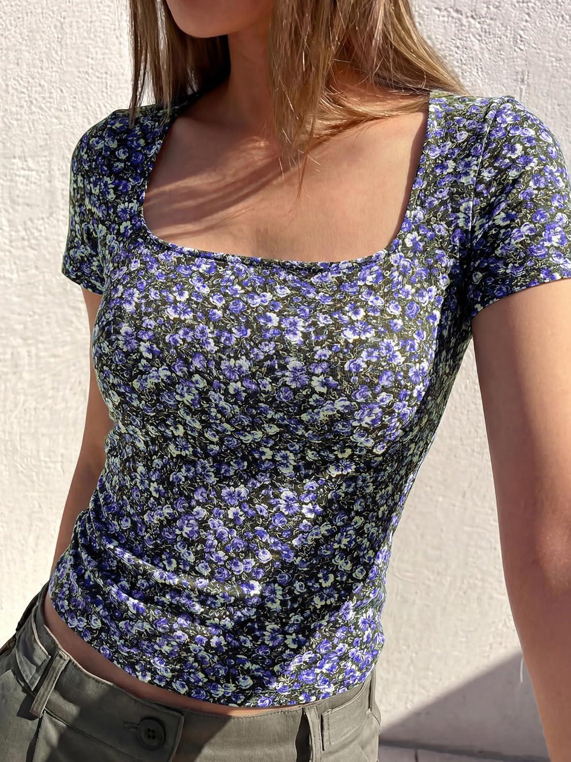 imageBTFBM Floral Square Neck Tops for Women 2026 Trendy Summer Outfits Short Sleeve Shirts Boho Top Beach Vacation ClothesBlack Purple Flower
