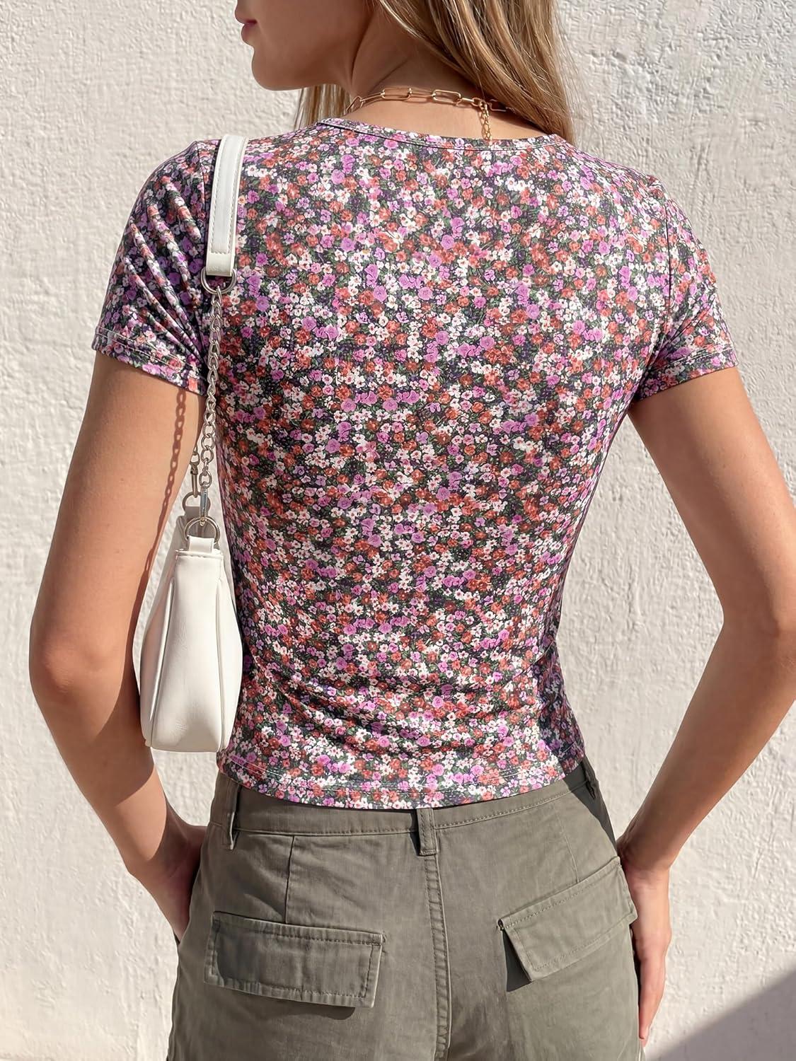imageBTFBM Floral Square Neck Tops for Women 2026 Trendy Summer Outfits Short Sleeve Shirts Boho Top Beach Vacation ClothesBlack Purple Pink Flower