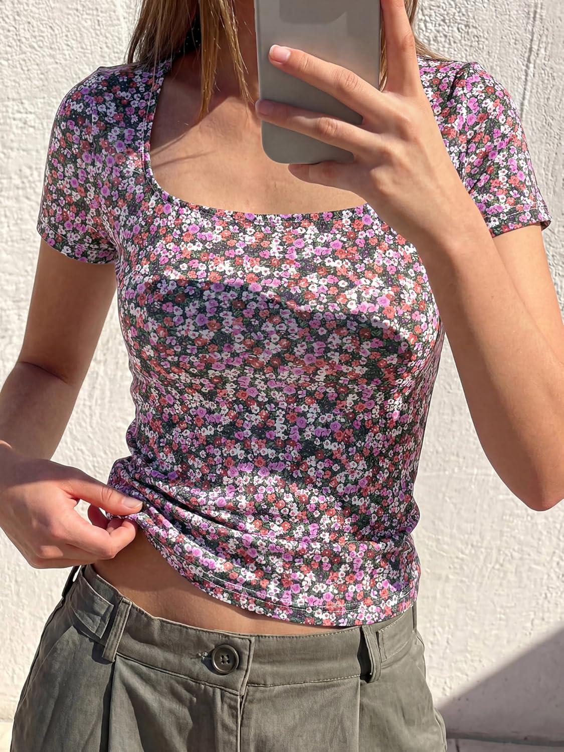 imageBTFBM Floral Square Neck Tops for Women 2026 Trendy Summer Outfits Short Sleeve Shirts Boho Top Beach Vacation ClothesBlack Purple Pink Flower