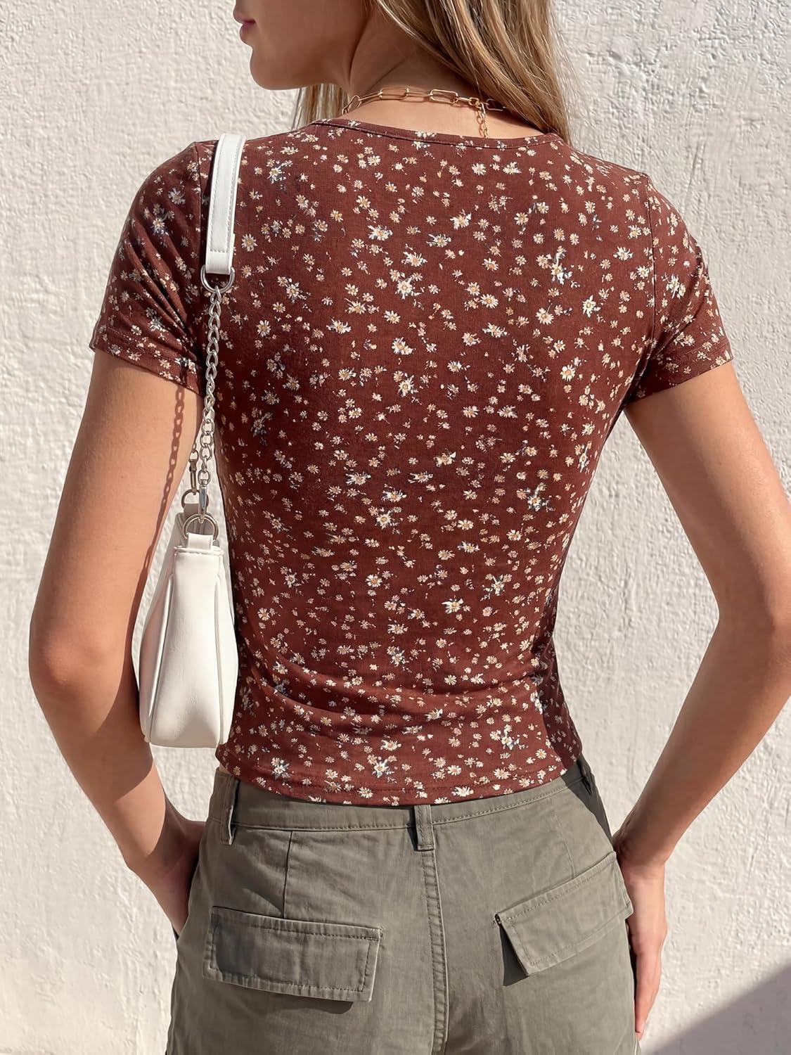 imageBTFBM Floral Square Neck Tops for Women 2026 Trendy Summer Outfits Short Sleeve Shirts Boho Top Beach Vacation ClothesBrown Beige Flower