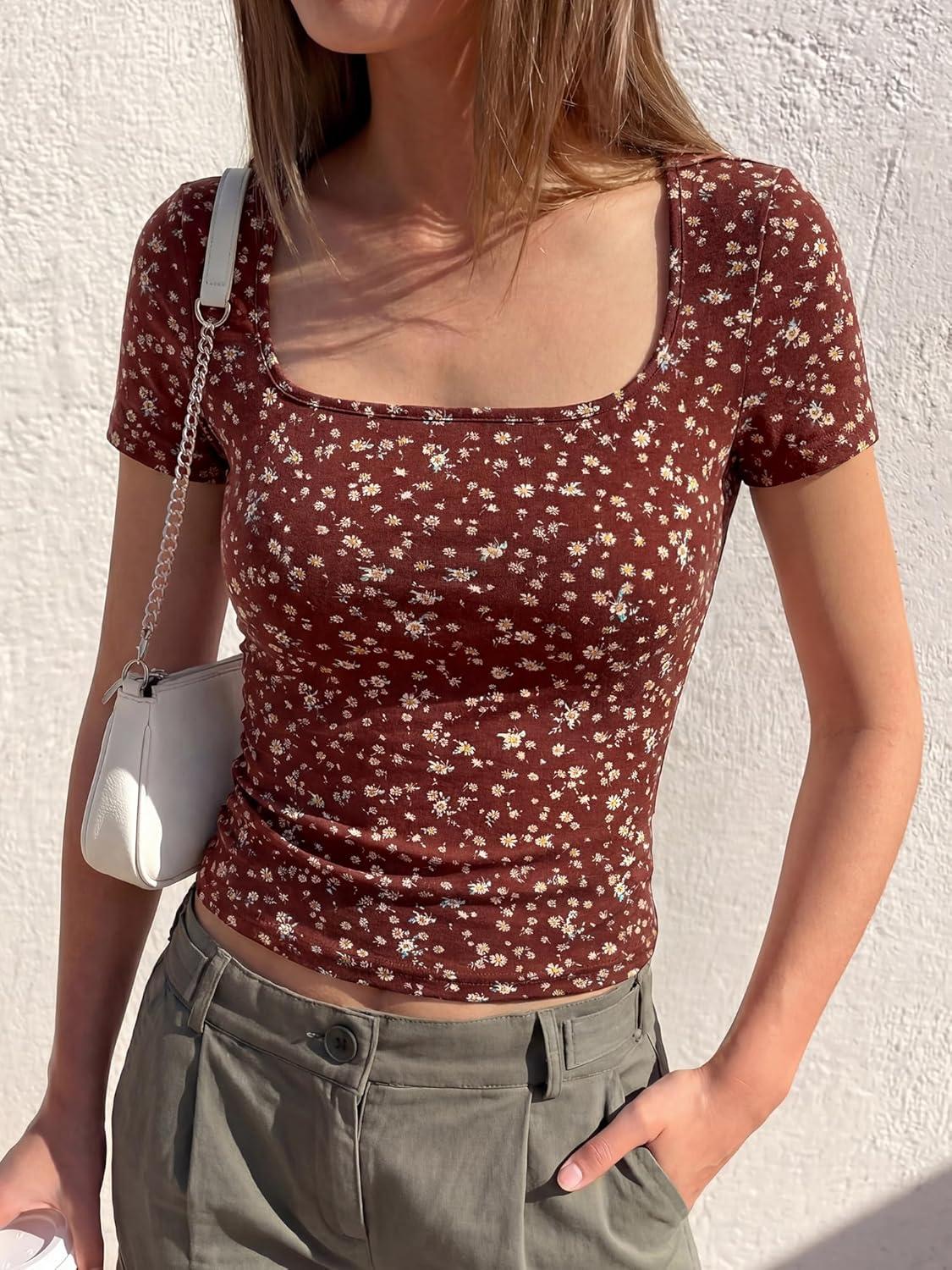 imageBTFBM Floral Square Neck Tops for Women 2026 Trendy Summer Outfits Short Sleeve Shirts Boho Top Beach Vacation ClothesBrown Beige Flower