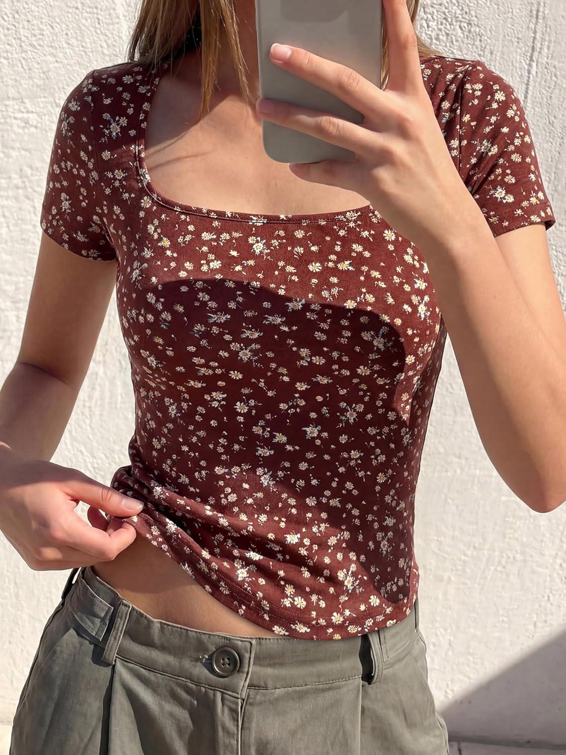 imageBTFBM Floral Square Neck Tops for Women 2026 Trendy Summer Outfits Short Sleeve Shirts Boho Top Beach Vacation ClothesBrown Beige Flower