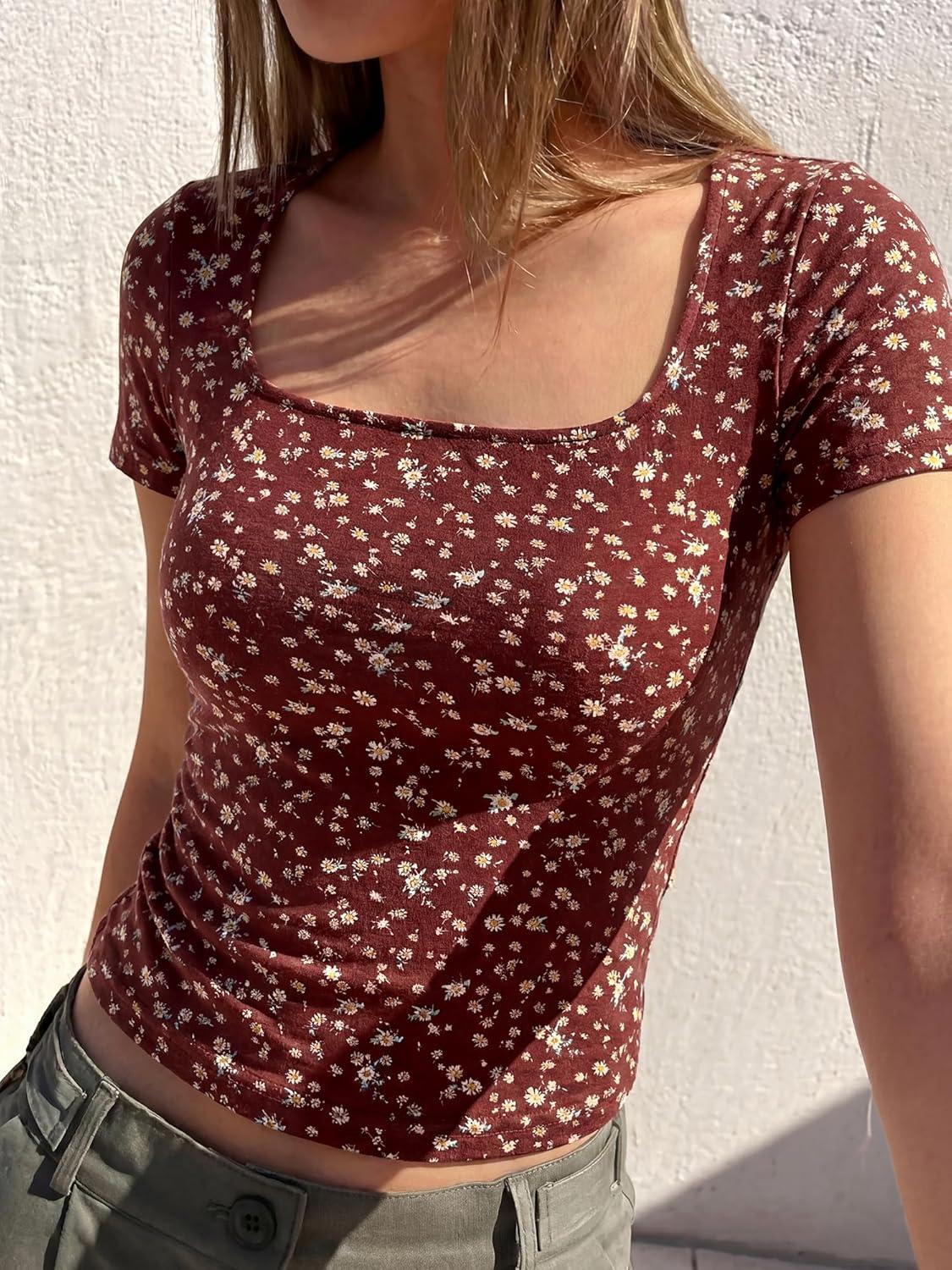 imageBTFBM Floral Square Neck Tops for Women 2026 Trendy Summer Outfits Short Sleeve Shirts Boho Top Beach Vacation ClothesBrown Beige Flower