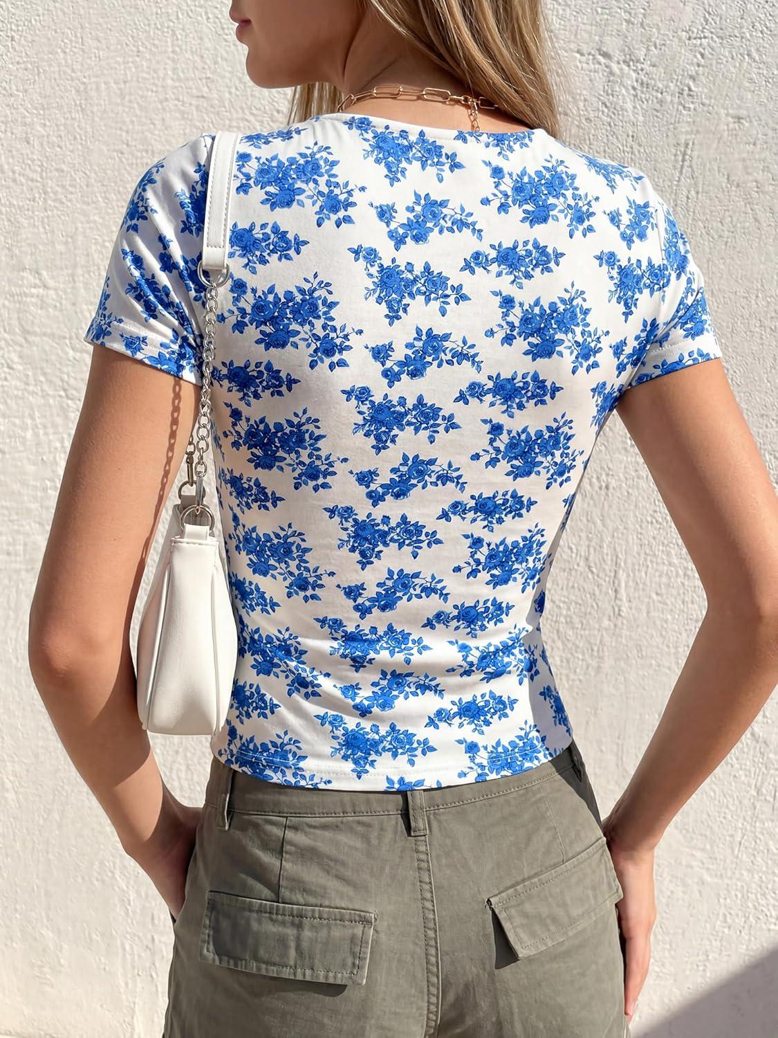 imageBTFBM Floral Square Neck Tops for Women 2026 Trendy Summer Outfits Short Sleeve Shirts Boho Top Beach Vacation ClothesWhite Blue Flower