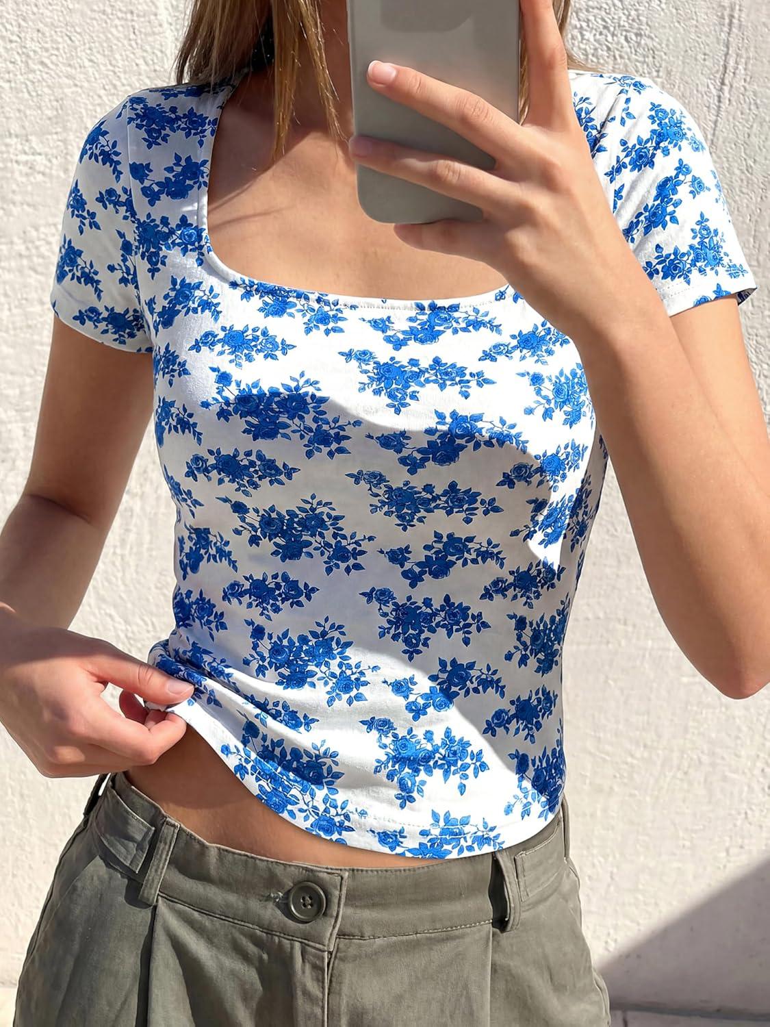 imageBTFBM Floral Square Neck Tops for Women 2026 Trendy Summer Outfits Short Sleeve Shirts Boho Top Beach Vacation ClothesWhite Blue Flower