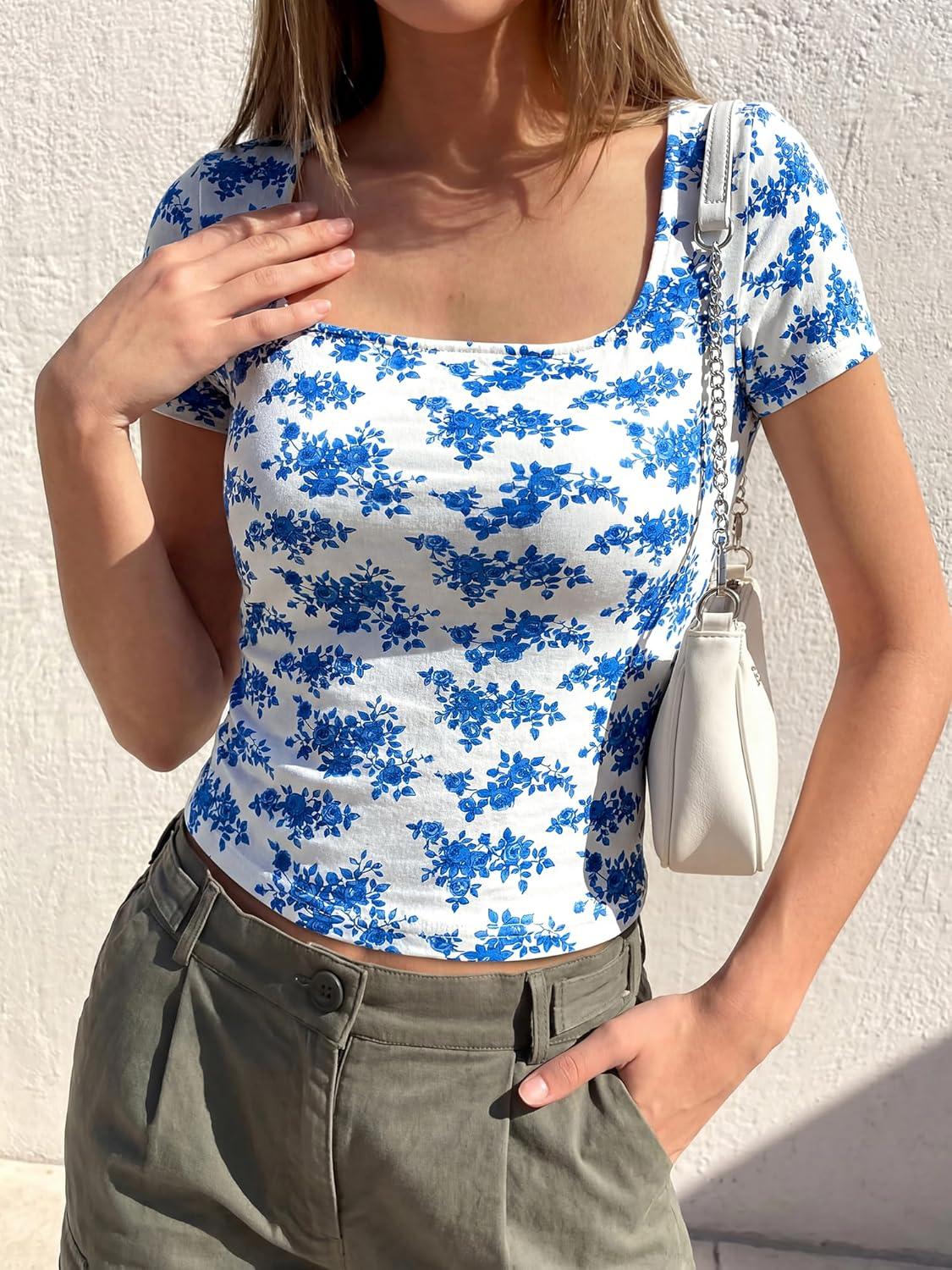 imageBTFBM Floral Square Neck Tops for Women 2026 Trendy Summer Outfits Short Sleeve Shirts Boho Top Beach Vacation ClothesWhite Blue Flower