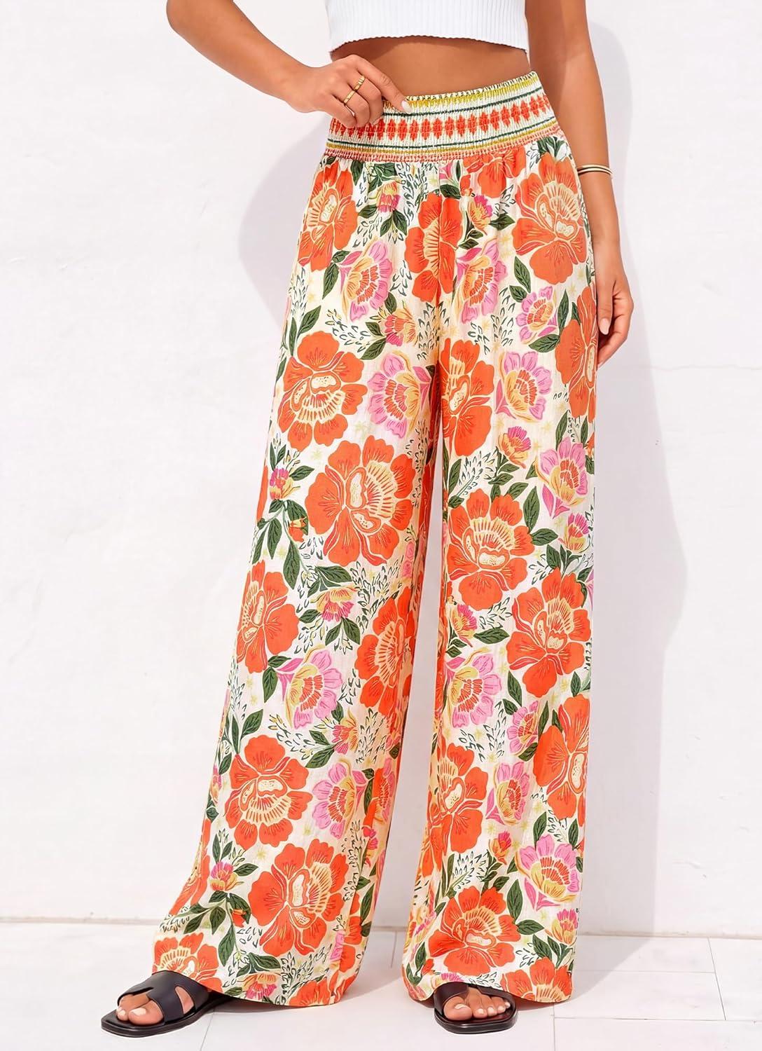 imageBTFBM Floral Wide Leg Pants Woman Spring Summer 2026 Smocked Elastic Waist Long Pant Resort Wear Beach Vacation OutfitsBeige