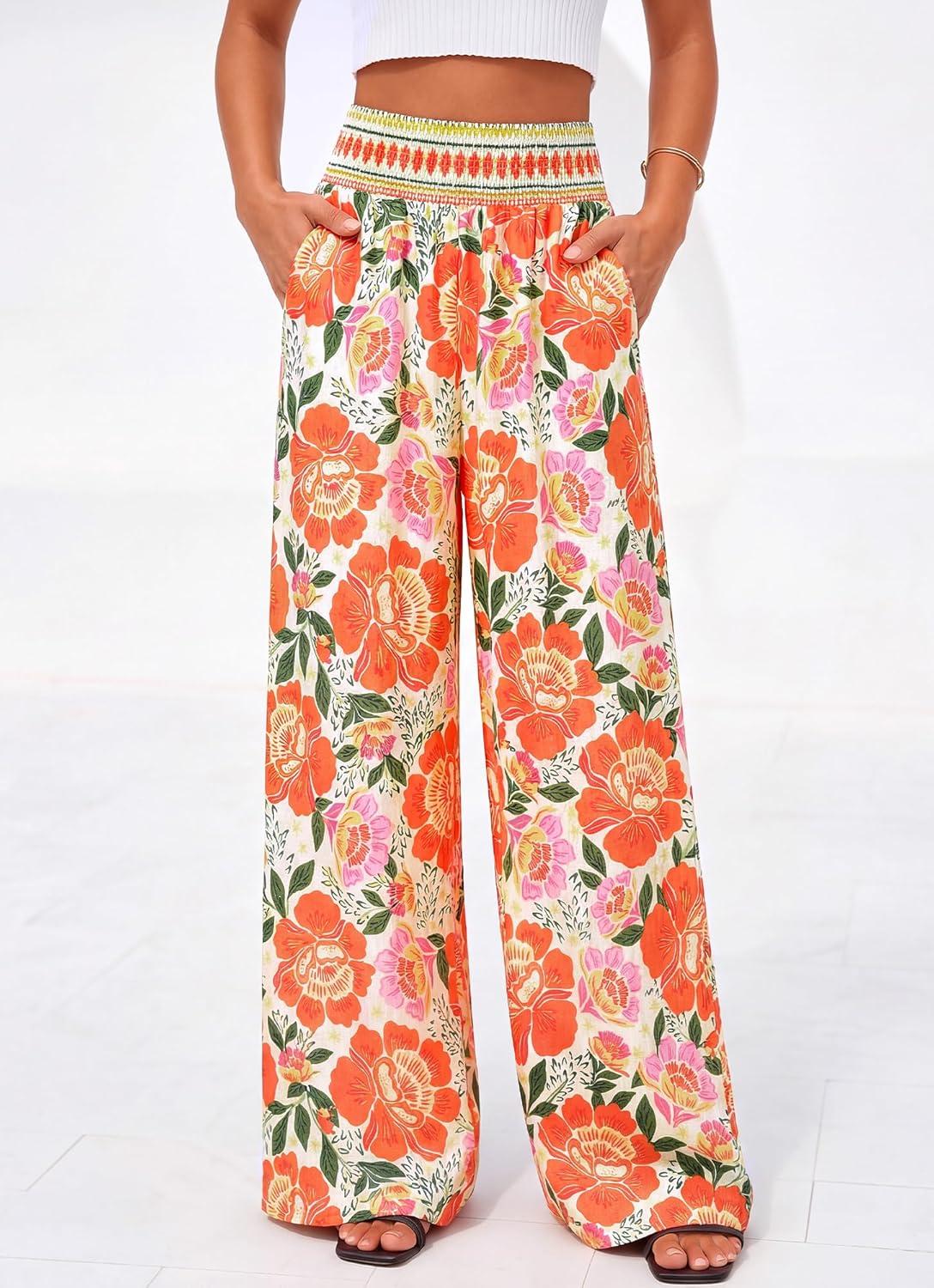 imageBTFBM Floral Wide Leg Pants Woman Spring Summer 2026 Smocked Elastic Waist Long Pant Resort Wear Beach Vacation OutfitsBeige
