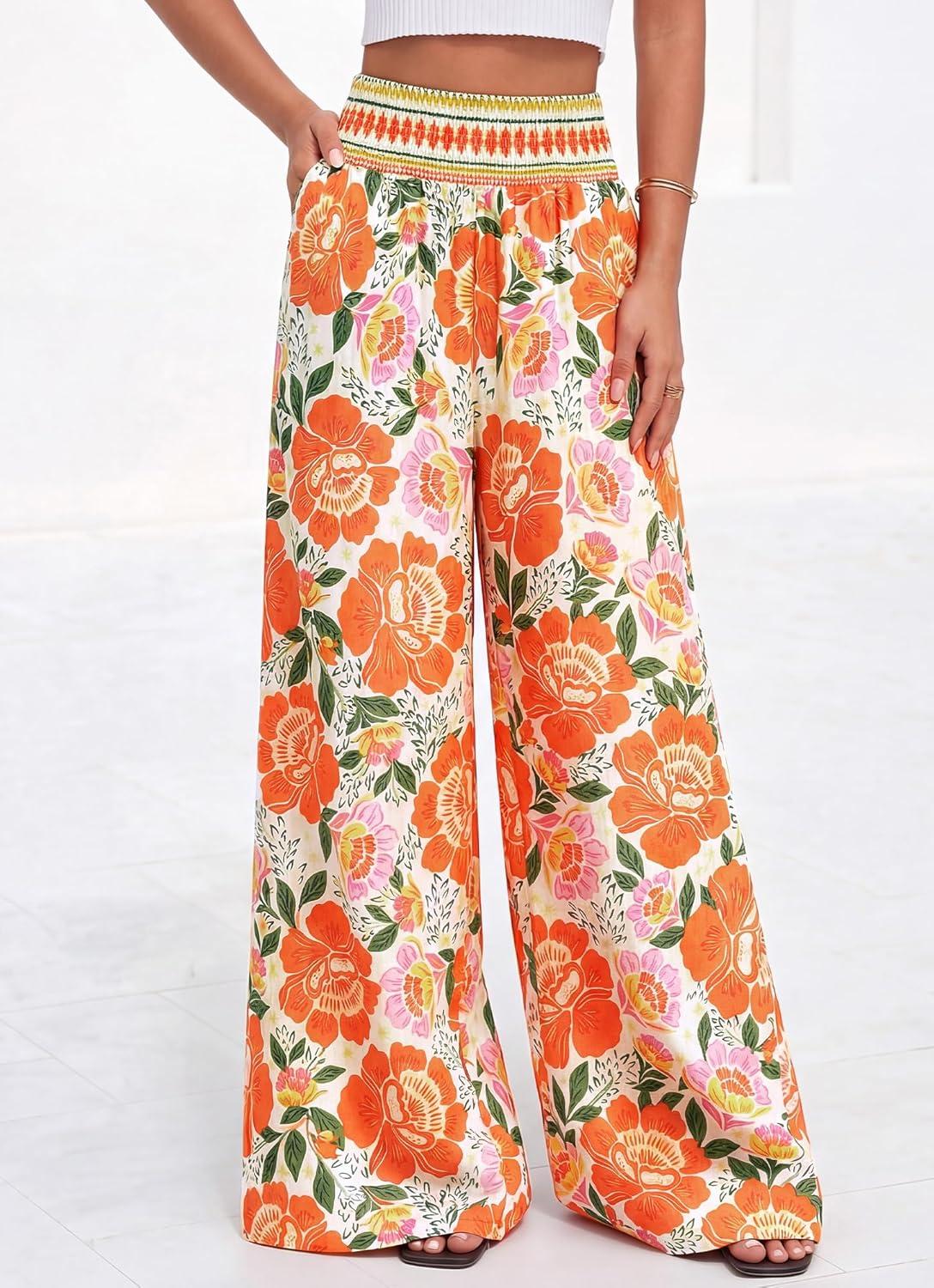 imageBTFBM Floral Wide Leg Pants Woman Spring Summer 2026 Smocked Elastic Waist Long Pant Resort Wear Beach Vacation OutfitsBeige