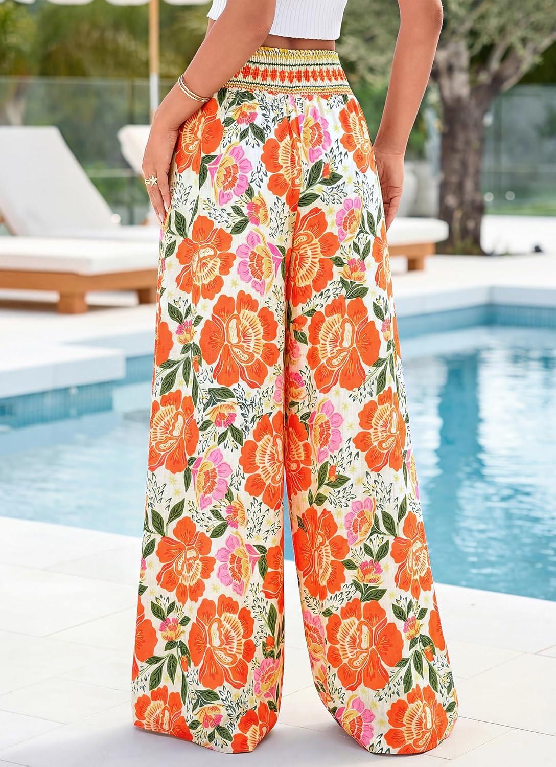imageBTFBM Floral Wide Leg Pants Woman Spring Summer 2026 Smocked Elastic Waist Long Pant Resort Wear Beach Vacation OutfitsBeige
