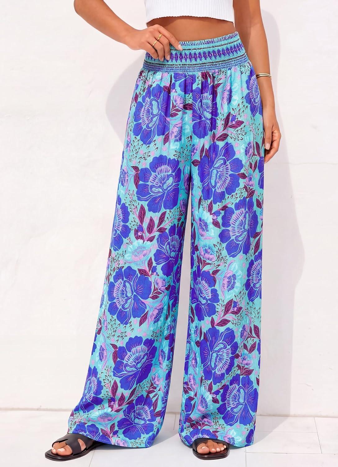 imageBTFBM Floral Wide Leg Pants Woman Spring Summer 2026 Smocked Elastic Waist Long Pant Resort Wear Beach Vacation OutfitsBlue