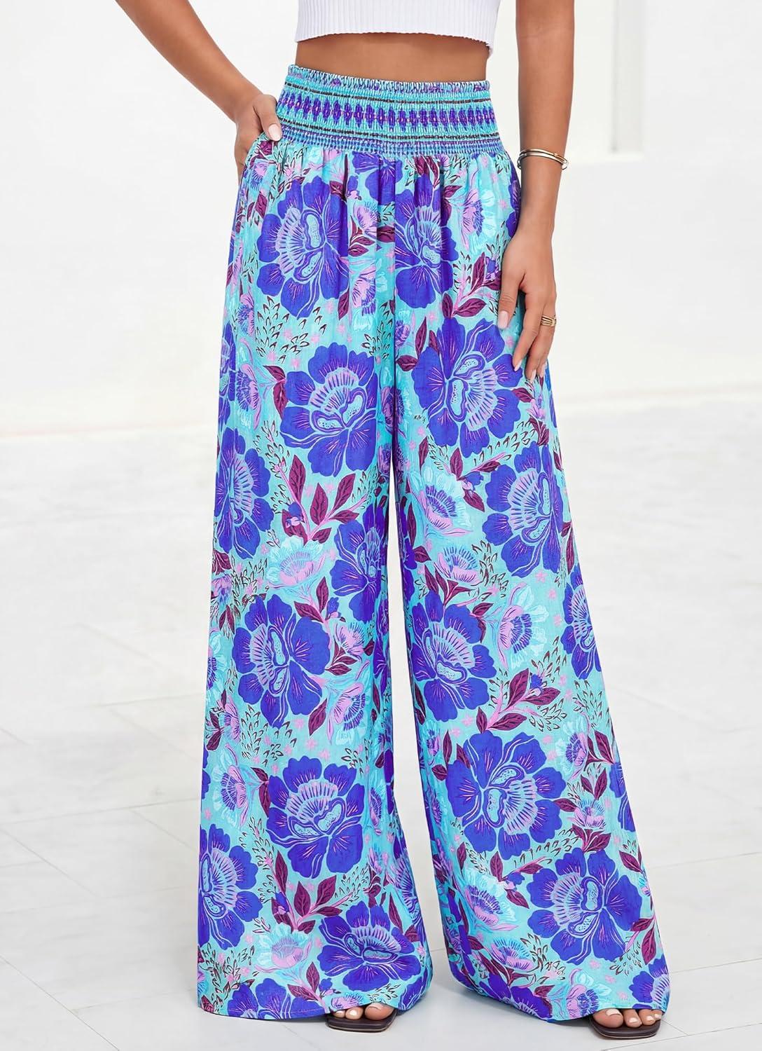 imageBTFBM Floral Wide Leg Pants Woman Spring Summer 2026 Smocked Elastic Waist Long Pant Resort Wear Beach Vacation OutfitsBlue