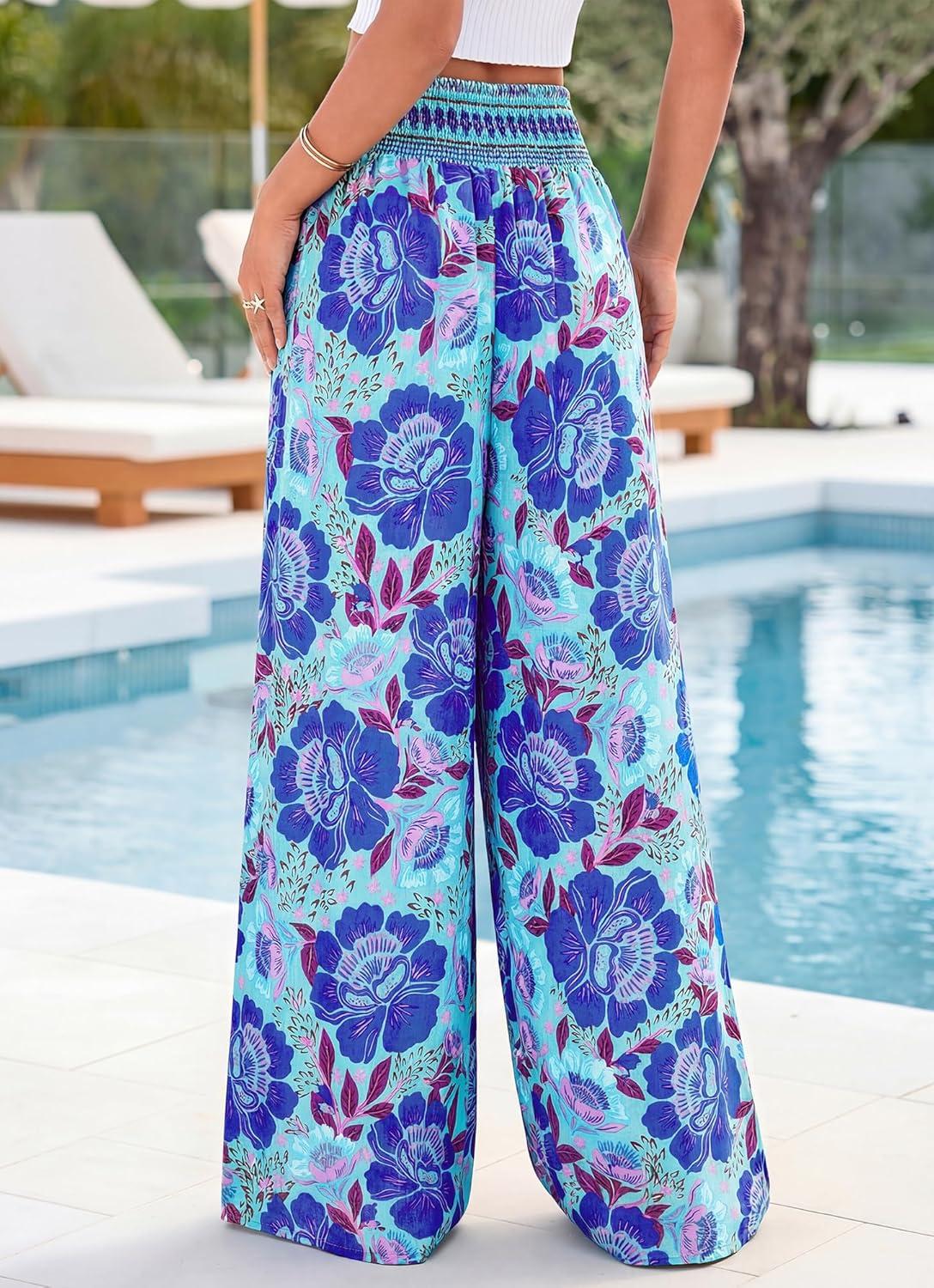 imageBTFBM Floral Wide Leg Pants Woman Spring Summer 2026 Smocked Elastic Waist Long Pant Resort Wear Beach Vacation OutfitsBlue