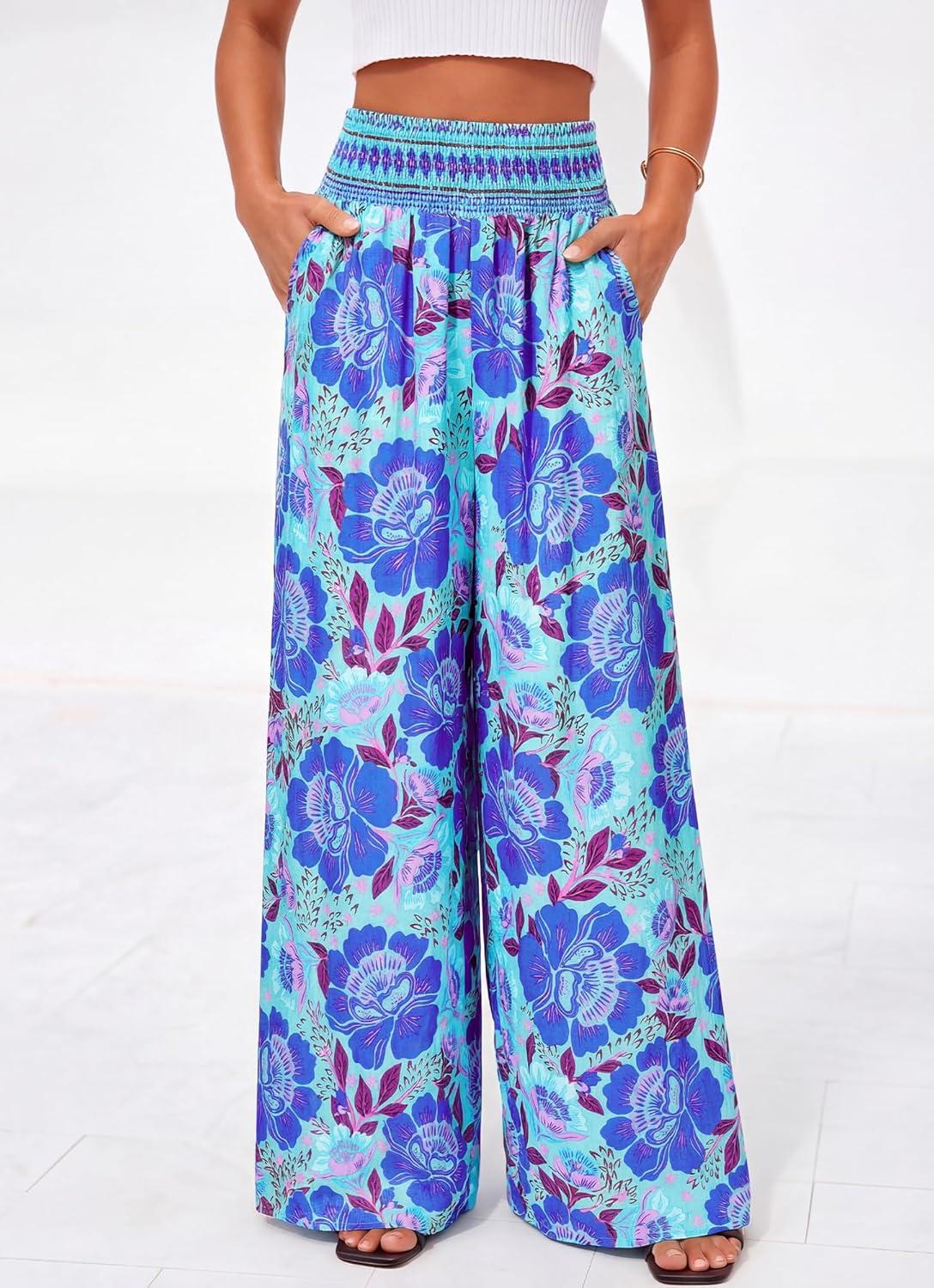 imageBTFBM Floral Wide Leg Pants Woman Spring Summer 2026 Smocked Elastic Waist Long Pant Resort Wear Beach Vacation OutfitsBlue