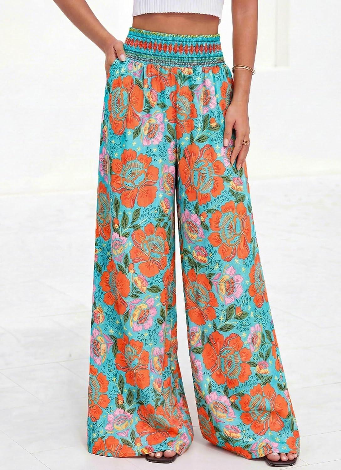 imageBTFBM Floral Wide Leg Pants Woman Spring Summer 2026 Smocked Elastic Waist Long Pant Resort Wear Beach Vacation OutfitsGreen