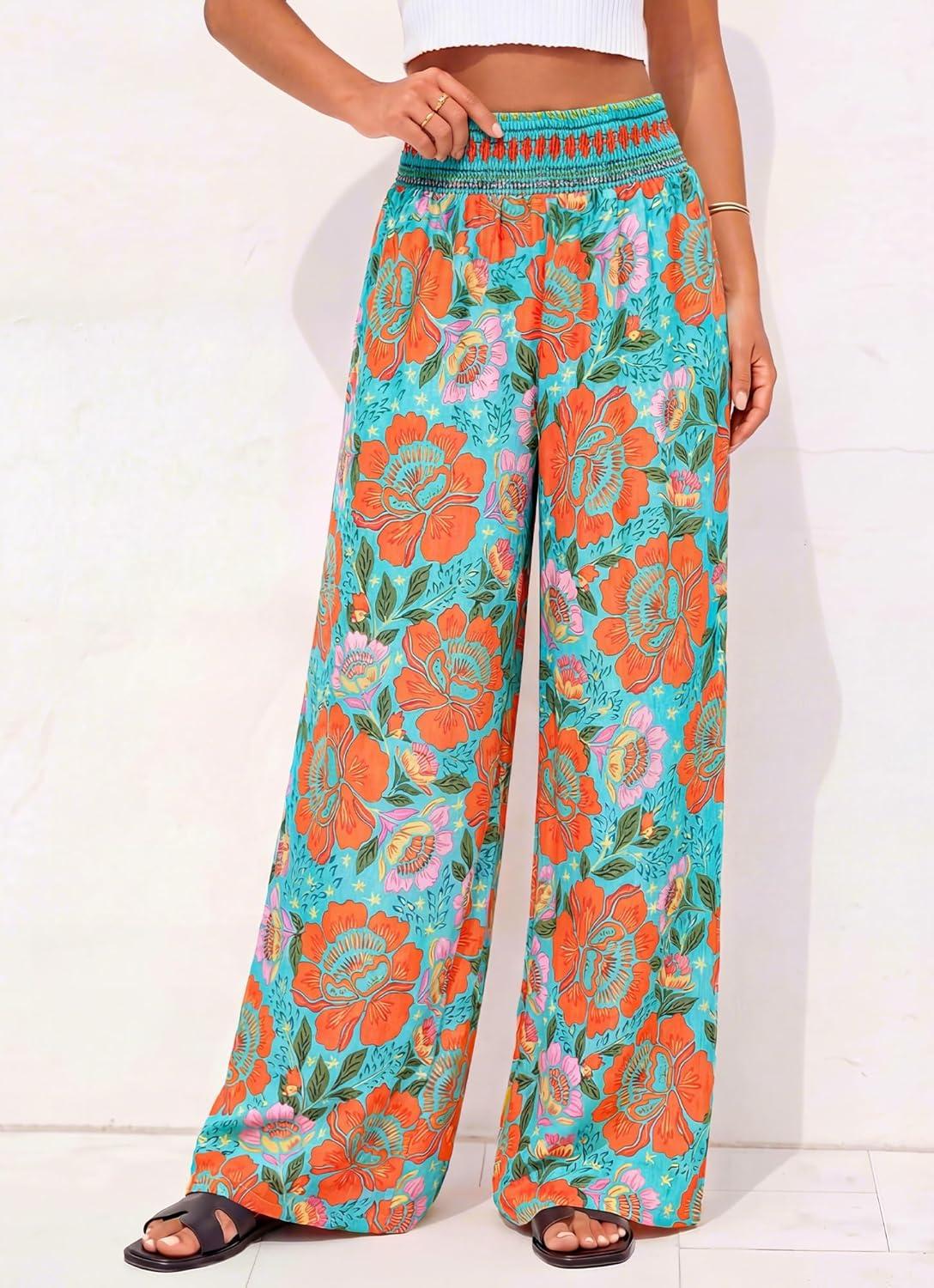 imageBTFBM Floral Wide Leg Pants Woman Spring Summer 2026 Smocked Elastic Waist Long Pant Resort Wear Beach Vacation OutfitsGreen