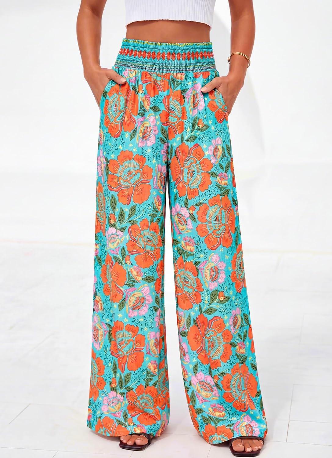 imageBTFBM Floral Wide Leg Pants Woman Spring Summer 2026 Smocked Elastic Waist Long Pant Resort Wear Beach Vacation OutfitsGreen