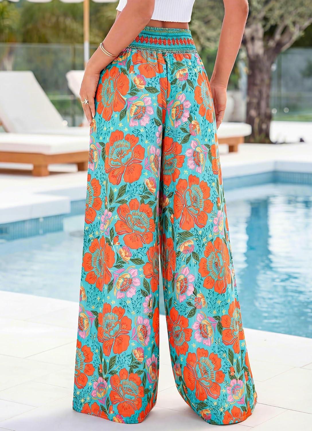 imageBTFBM Floral Wide Leg Pants Woman Spring Summer 2026 Smocked Elastic Waist Long Pant Resort Wear Beach Vacation OutfitsGreen