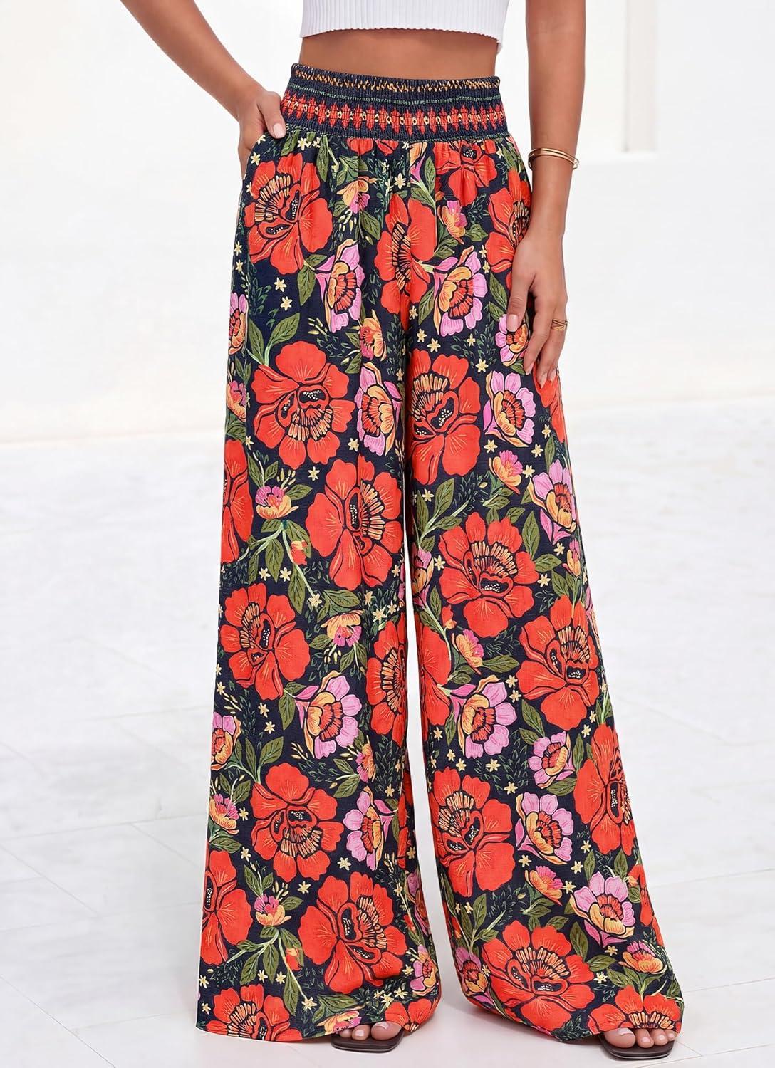 imageBTFBM Floral Wide Leg Pants Woman Spring Summer 2026 Smocked Elastic Waist Long Pant Resort Wear Beach Vacation OutfitsNavy Blue