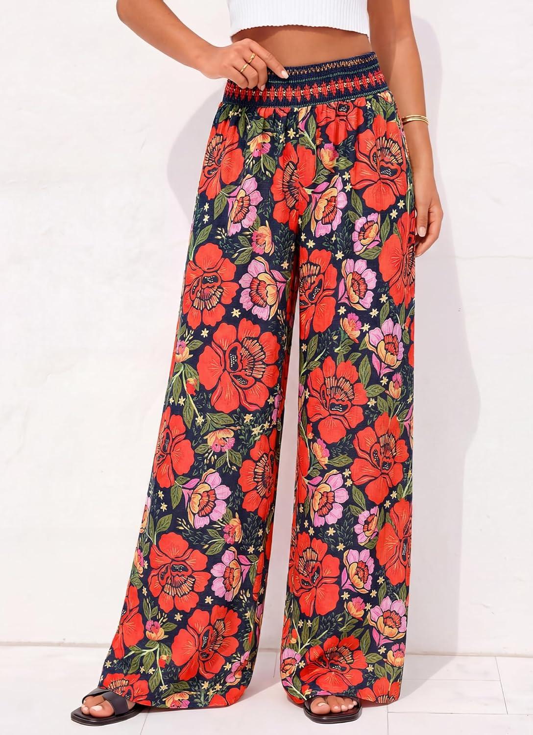 imageBTFBM Floral Wide Leg Pants Woman Spring Summer 2026 Smocked Elastic Waist Long Pant Resort Wear Beach Vacation OutfitsNavy Blue