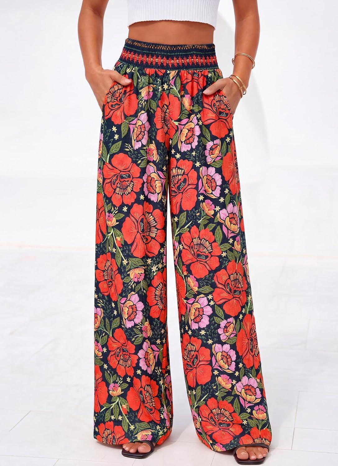 imageBTFBM Floral Wide Leg Pants Woman Spring Summer 2026 Smocked Elastic Waist Long Pant Resort Wear Beach Vacation OutfitsNavy Blue