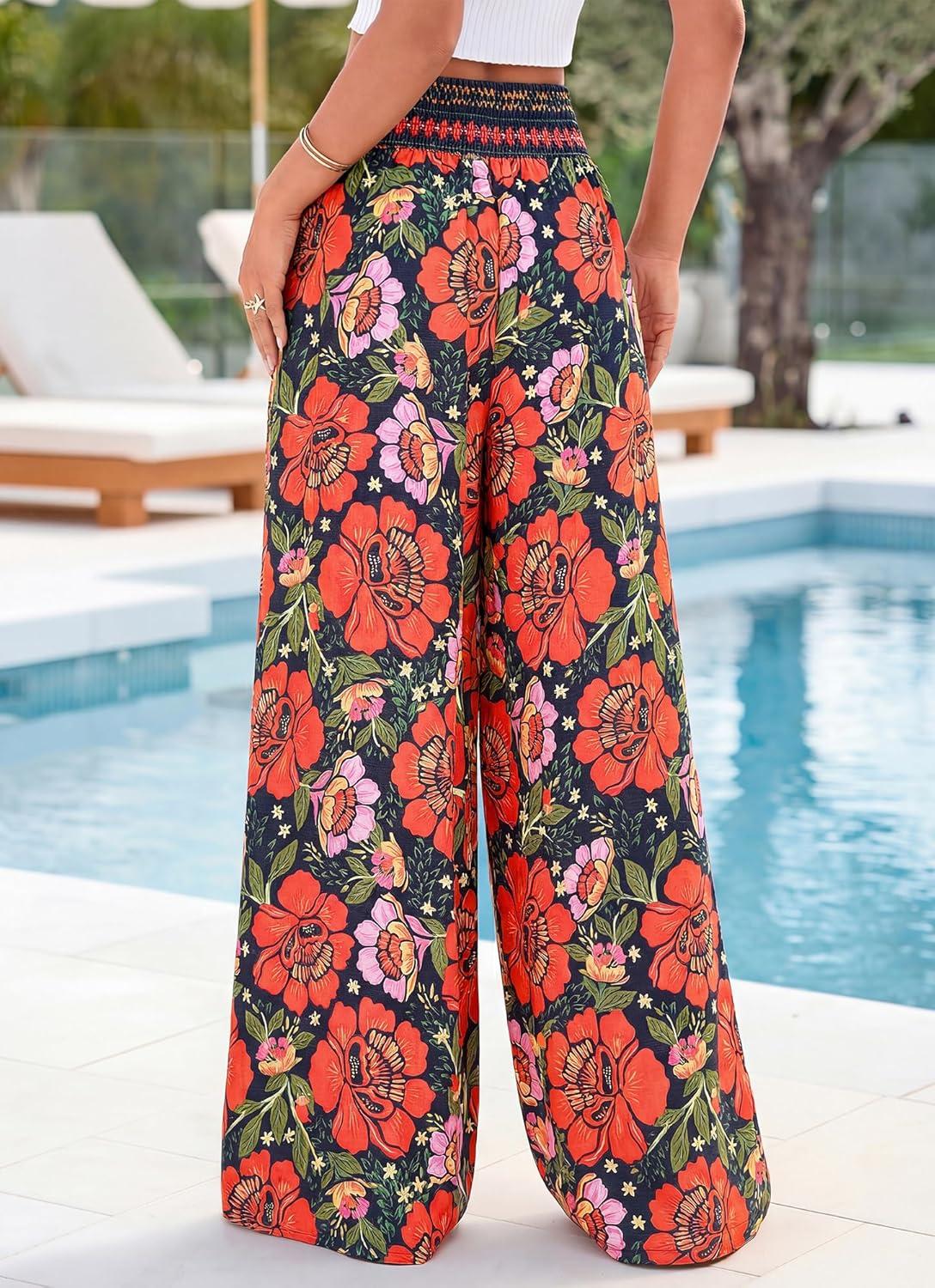 imageBTFBM Floral Wide Leg Pants Woman Spring Summer 2026 Smocked Elastic Waist Long Pant Resort Wear Beach Vacation OutfitsNavy Blue