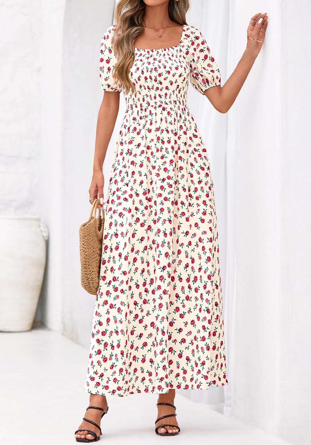 imageBTFBM Spring Summer Dresses for Women 2026 Puff Short Sleeve Smocked Floral Print Boho Beach Wedding Guest Maxi DressFloral Apricot Rose Red