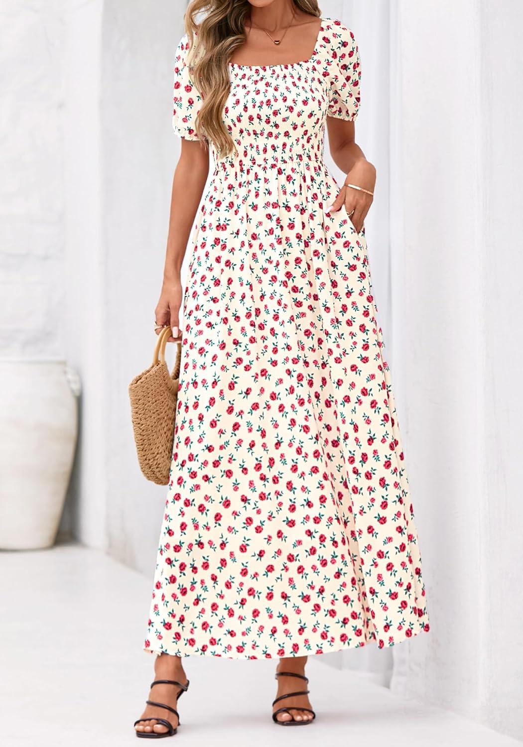 imageBTFBM Spring Summer Dresses for Women 2026 Puff Short Sleeve Smocked Floral Print Boho Beach Wedding Guest Maxi DressFloral Apricot Rose Red