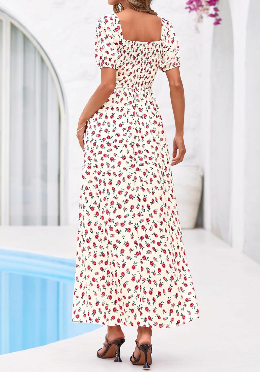 imageBTFBM Spring Summer Dresses for Women 2026 Puff Short Sleeve Smocked Floral Print Boho Beach Wedding Guest Maxi DressFloral Apricot Rose Red