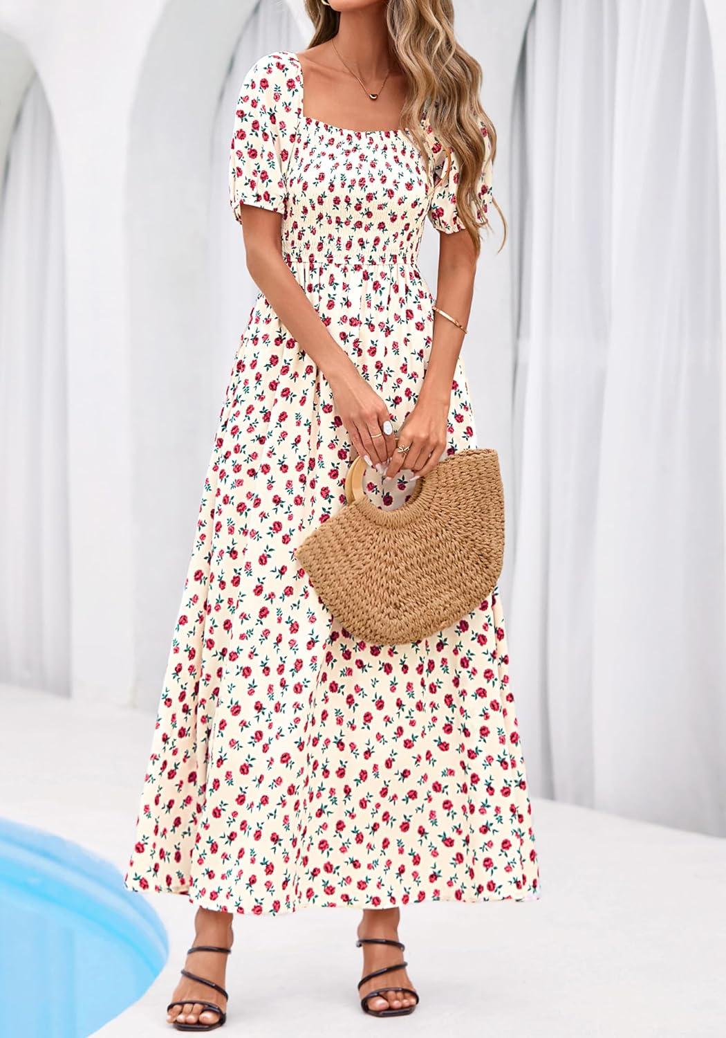 imageBTFBM Spring Summer Dresses for Women 2026 Puff Short Sleeve Smocked Floral Print Boho Beach Wedding Guest Maxi DressFloral Apricot Rose Red