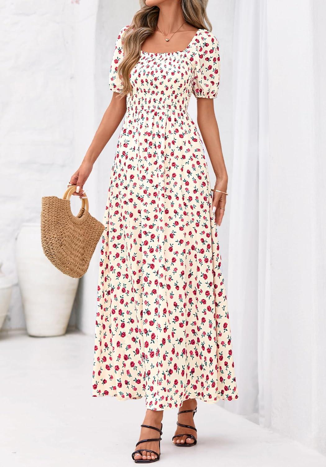 imageBTFBM Spring Summer Dresses for Women 2026 Puff Short Sleeve Smocked Floral Print Boho Beach Wedding Guest Maxi DressFloral Apricot Rose Red