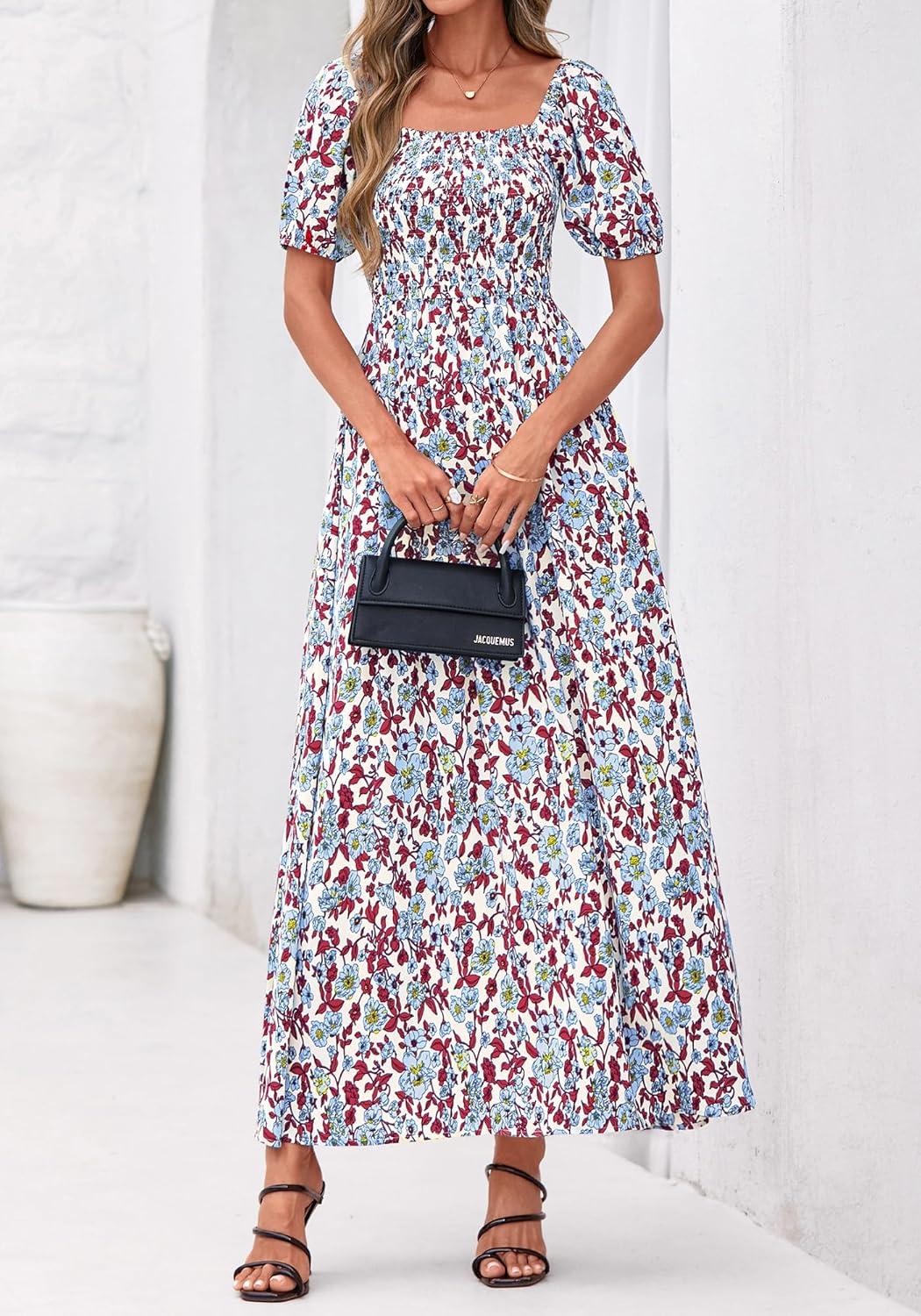 imageBTFBM Spring Summer Dresses for Women 2026 Puff Short Sleeve Smocked Floral Print Boho Beach Wedding Guest Maxi DressFloral Beige Multi