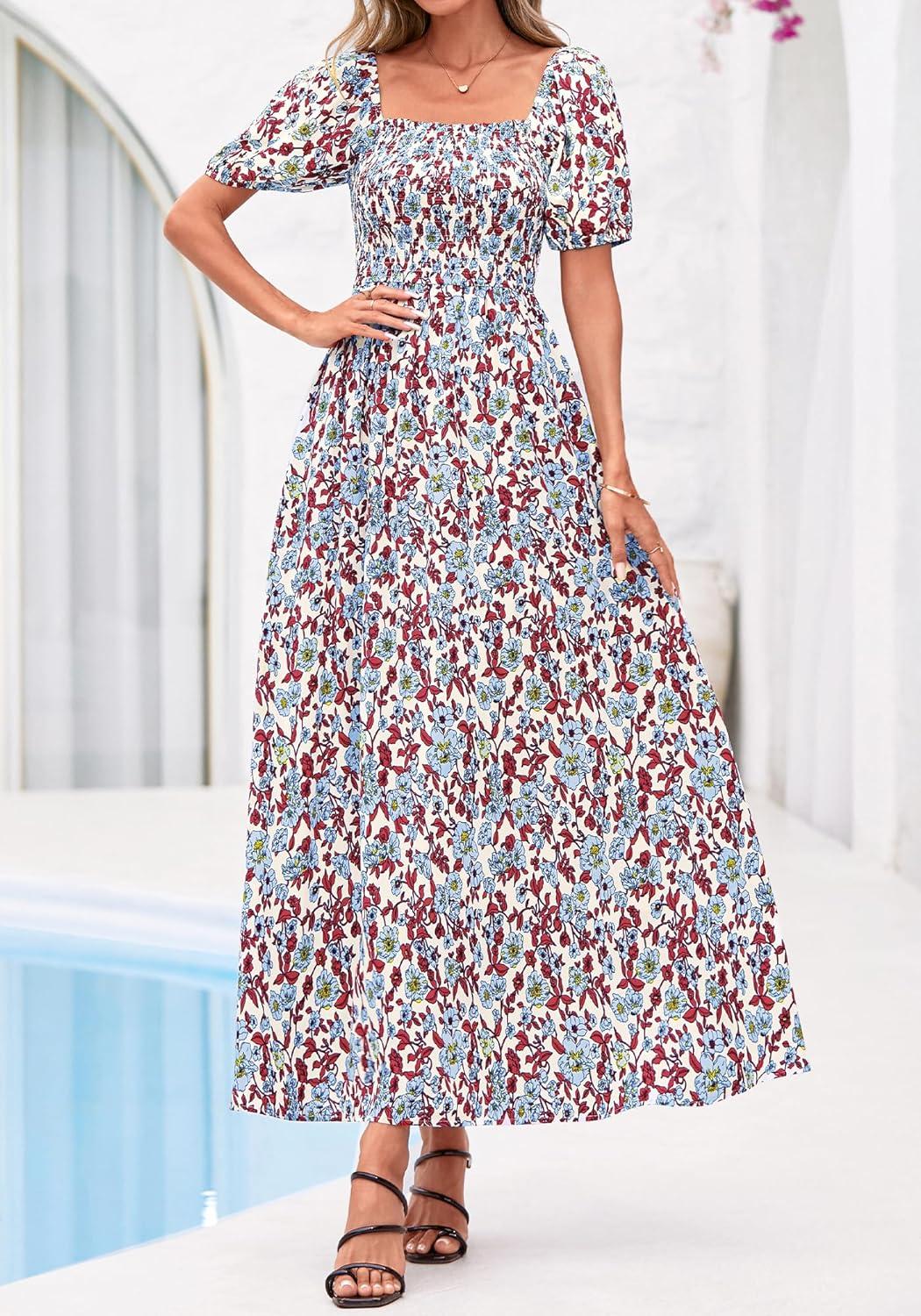 imageBTFBM Spring Summer Dresses for Women 2026 Puff Short Sleeve Smocked Floral Print Boho Beach Wedding Guest Maxi DressFloral Beige Multi