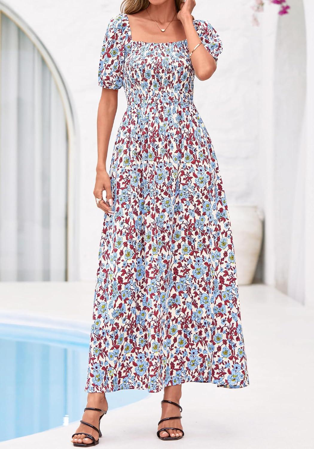 imageBTFBM Spring Summer Dresses for Women 2026 Puff Short Sleeve Smocked Floral Print Boho Beach Wedding Guest Maxi DressFloral Beige Multi