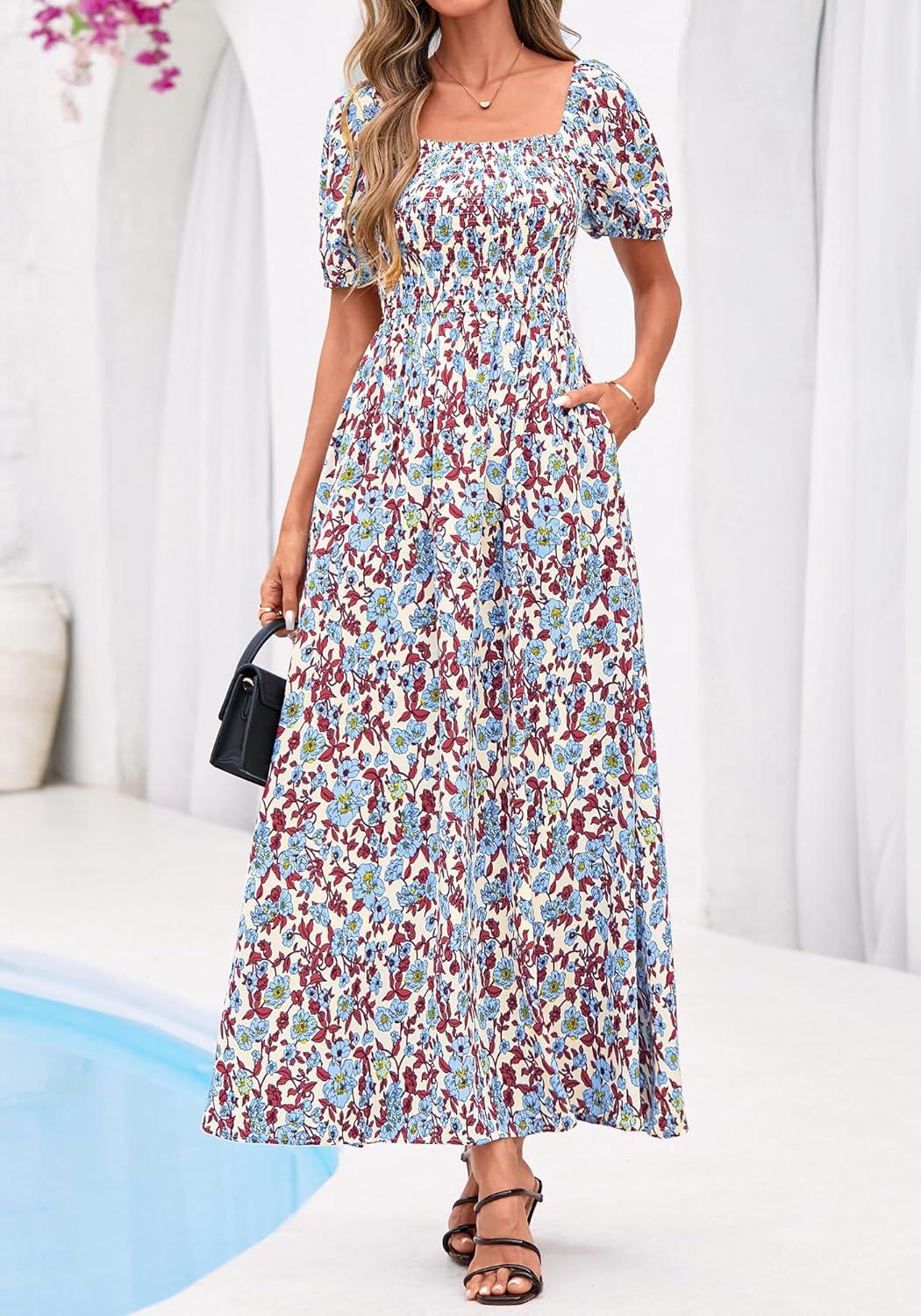 imageBTFBM Spring Summer Dresses for Women 2026 Puff Short Sleeve Smocked Floral Print Boho Beach Wedding Guest Maxi DressFloral Beige Multi
