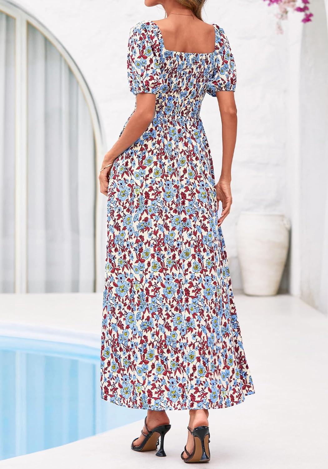 imageBTFBM Spring Summer Dresses for Women 2026 Puff Short Sleeve Smocked Floral Print Boho Beach Wedding Guest Maxi DressFloral Beige Multi
