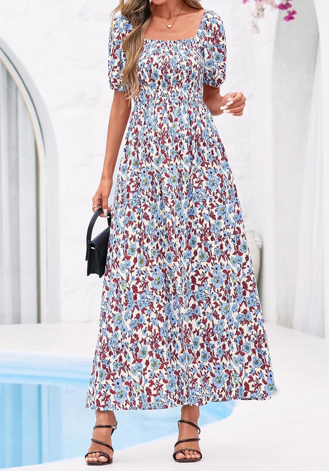 imageBTFBM Spring Summer Dresses for Women 2026 Puff Short Sleeve Smocked Floral Print Boho Beach Wedding Guest Maxi DressFloral Beige Multi
