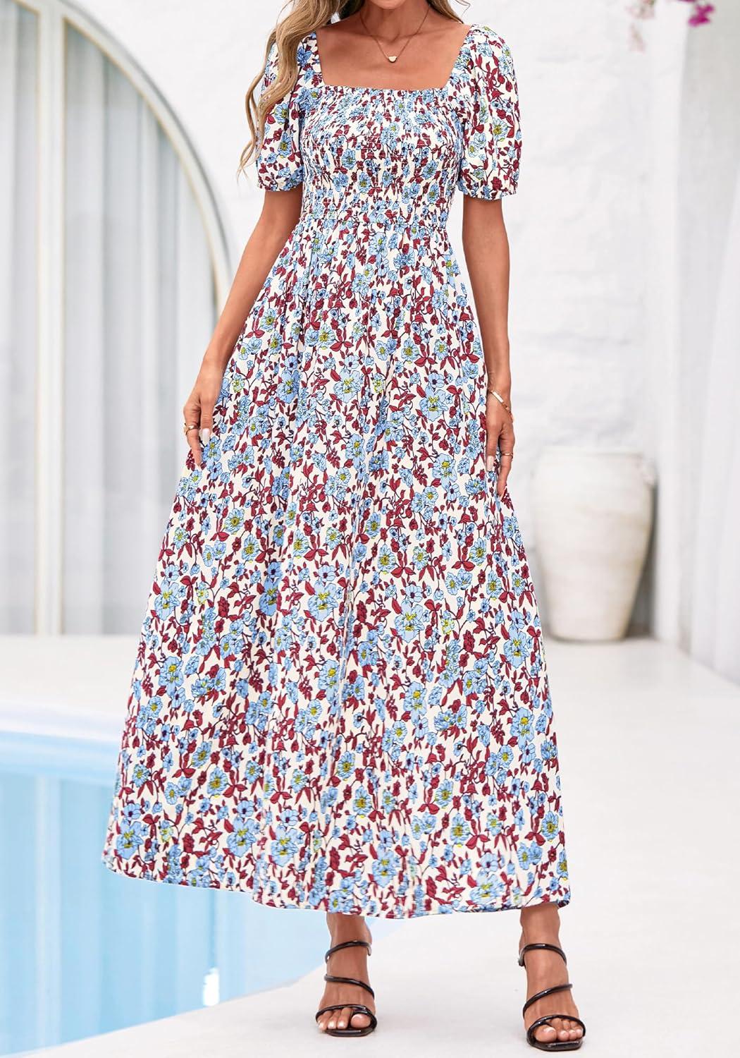 imageBTFBM Spring Summer Dresses for Women 2026 Puff Short Sleeve Smocked Floral Print Boho Beach Wedding Guest Maxi DressFloral Beige Multi