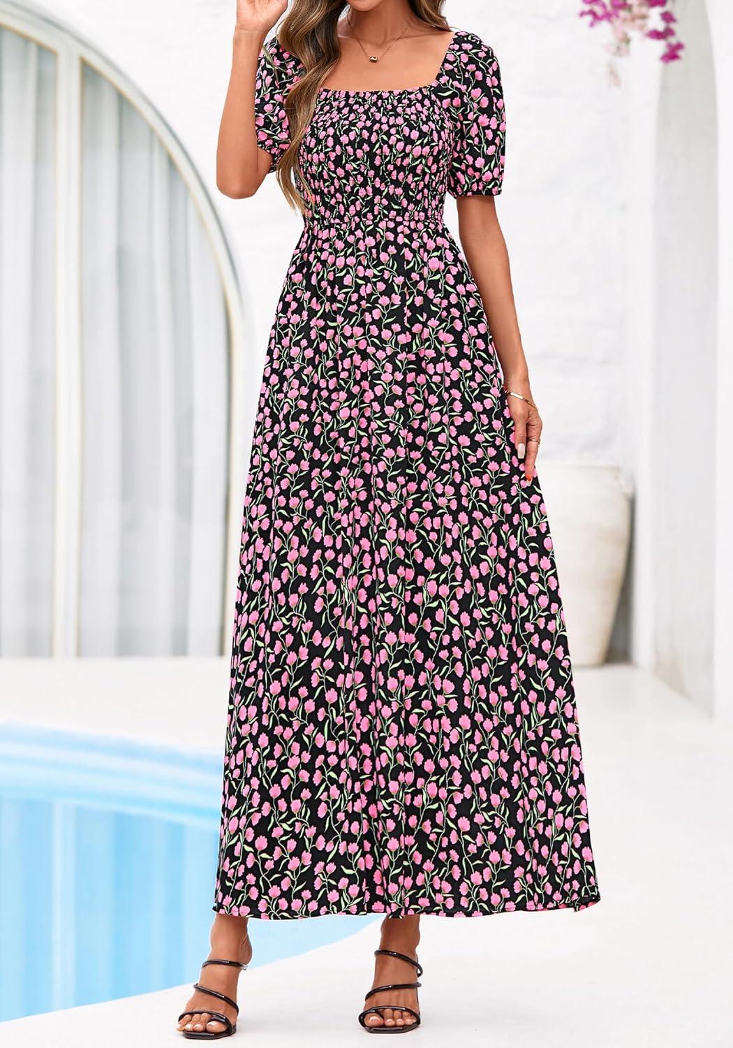 imageBTFBM Spring Summer Dresses for Women 2026 Puff Short Sleeve Smocked Floral Print Boho Beach Wedding Guest Maxi DressFloral Black Pink