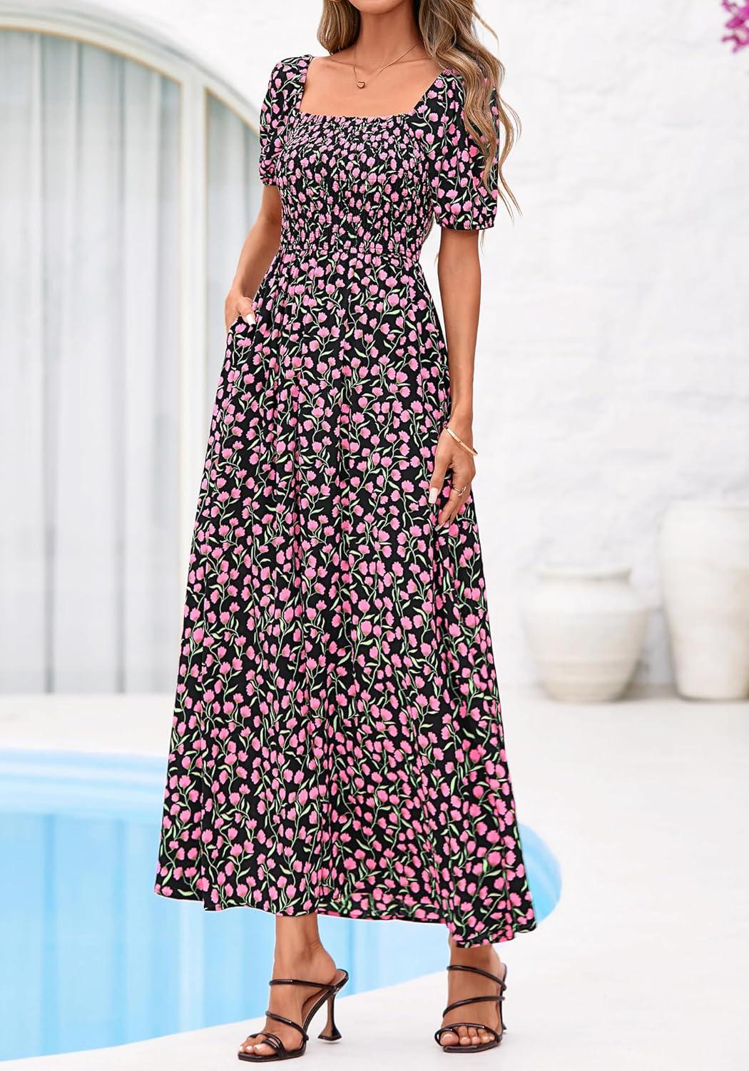 imageBTFBM Spring Summer Dresses for Women 2026 Puff Short Sleeve Smocked Floral Print Boho Beach Wedding Guest Maxi DressFloral Black Pink
