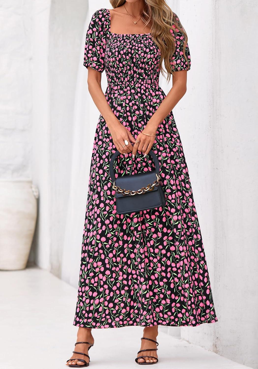 imageBTFBM Spring Summer Dresses for Women 2026 Puff Short Sleeve Smocked Floral Print Boho Beach Wedding Guest Maxi DressFloral Black Pink