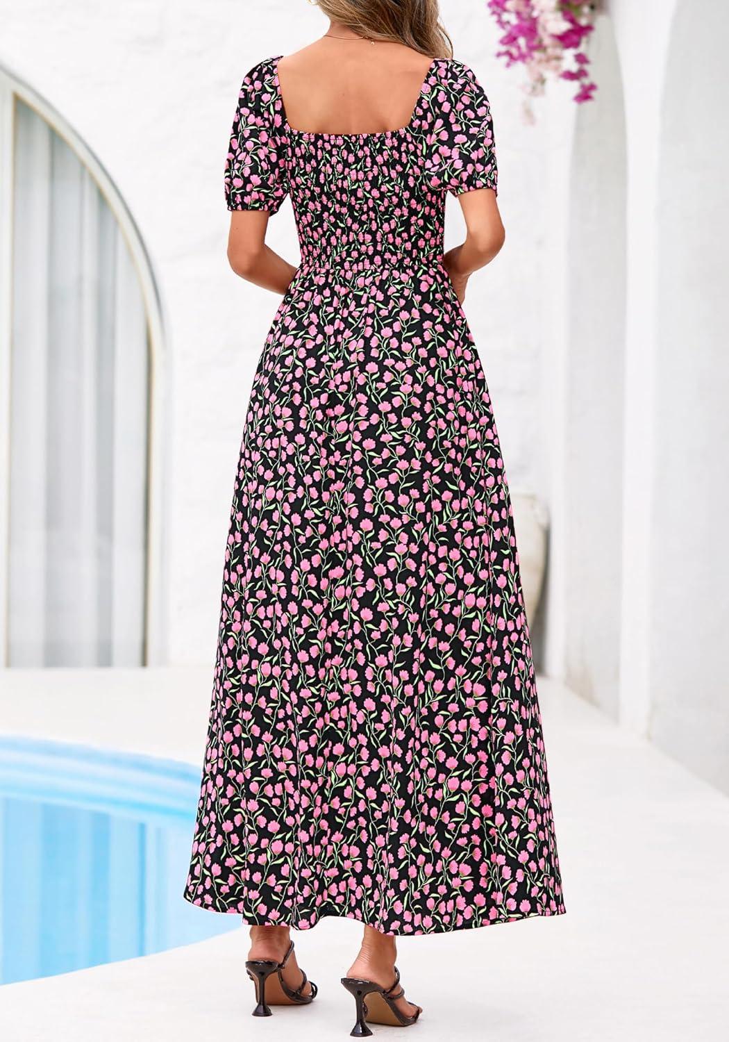 imageBTFBM Spring Summer Dresses for Women 2026 Puff Short Sleeve Smocked Floral Print Boho Beach Wedding Guest Maxi DressFloral Black Pink