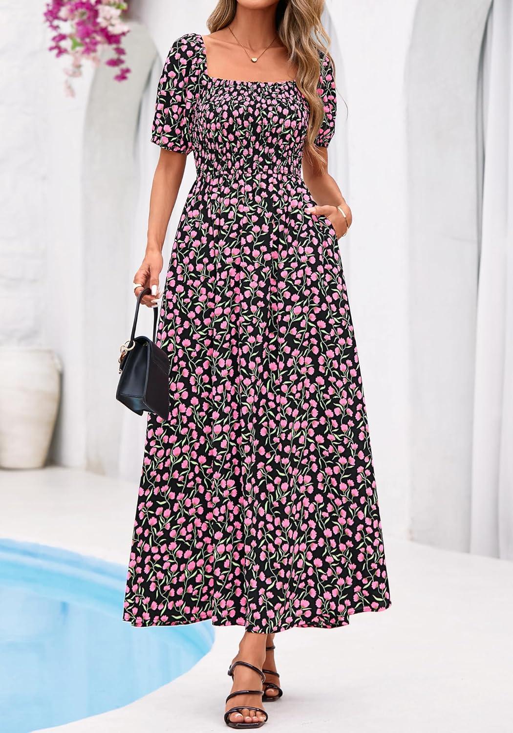 imageBTFBM Spring Summer Dresses for Women 2026 Puff Short Sleeve Smocked Floral Print Boho Beach Wedding Guest Maxi DressFloral Black Pink
