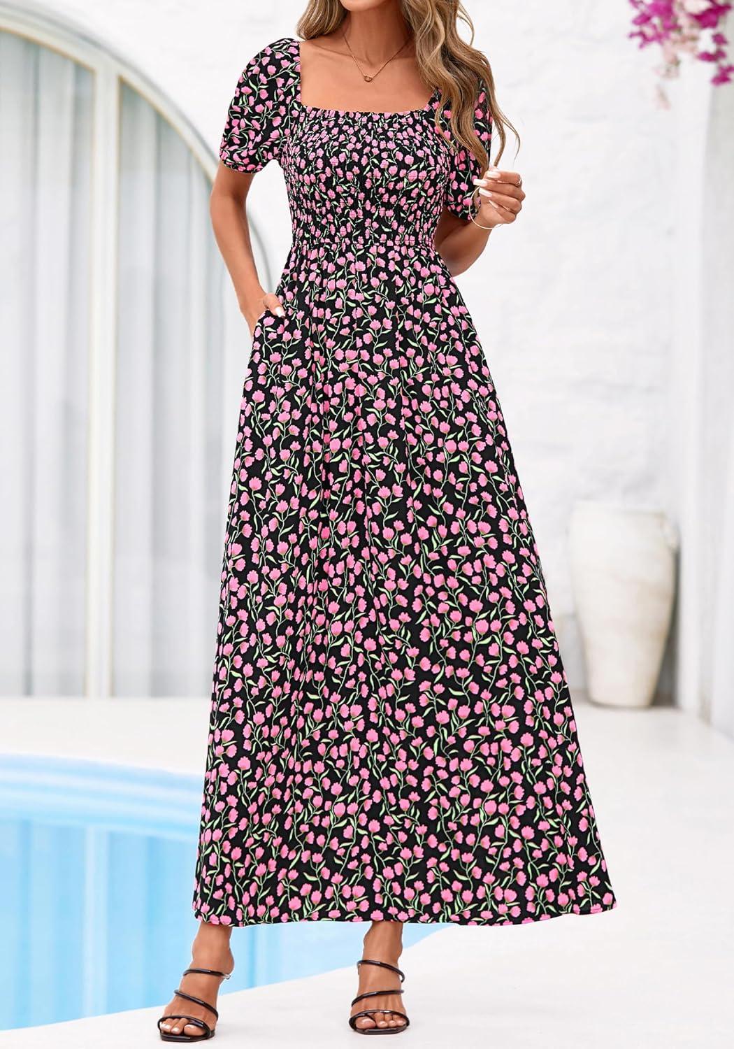 imageBTFBM Spring Summer Dresses for Women 2026 Puff Short Sleeve Smocked Floral Print Boho Beach Wedding Guest Maxi DressFloral Black Pink