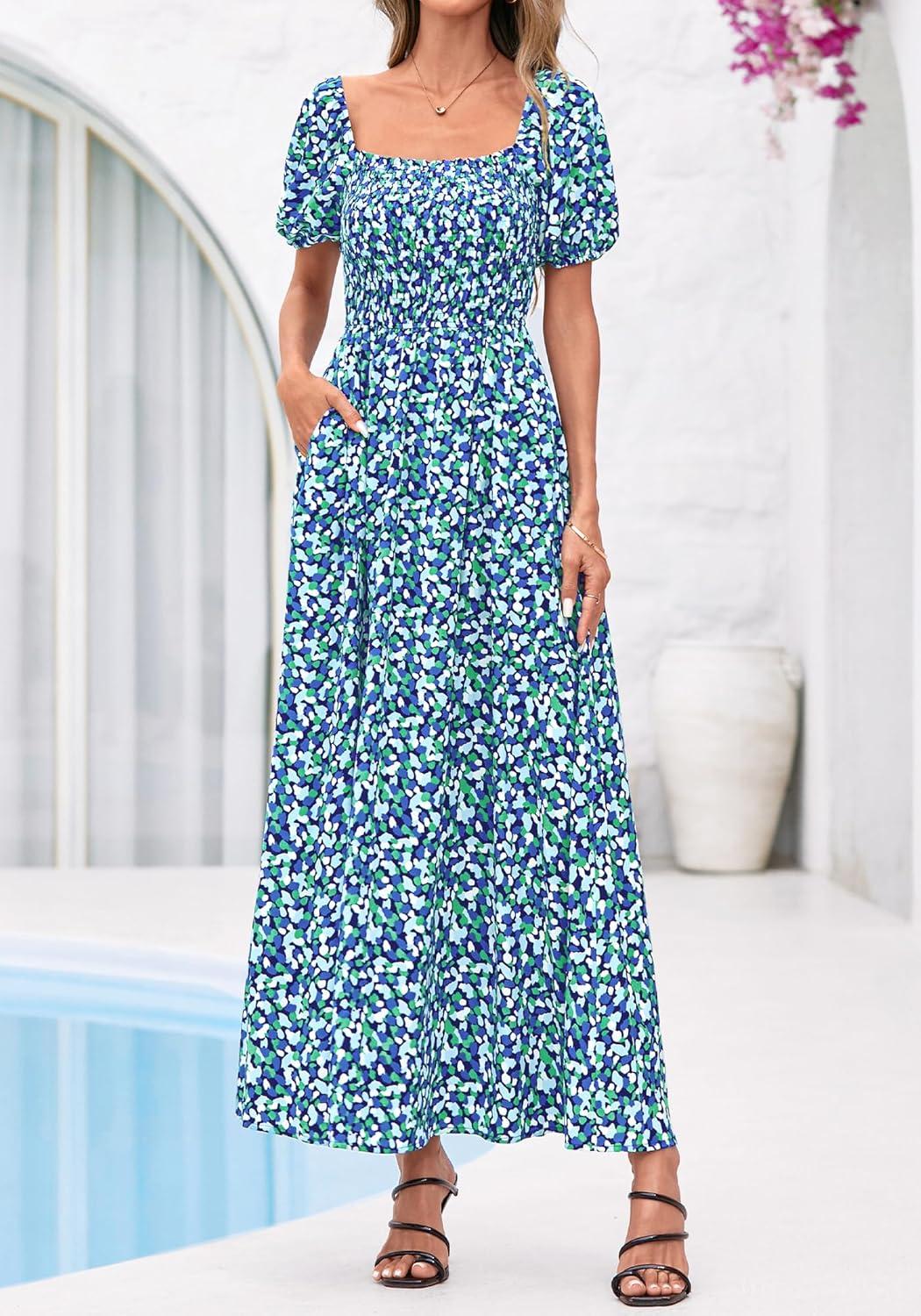 imageBTFBM Spring Summer Dresses for Women 2026 Puff Short Sleeve Smocked Floral Print Boho Beach Wedding Guest Maxi DressFloral Blue Green